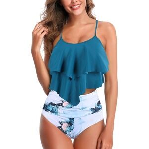 Adisputent Women Teal Ruffle Tankini Set High Waisted Marble Tie Dye Blue Large